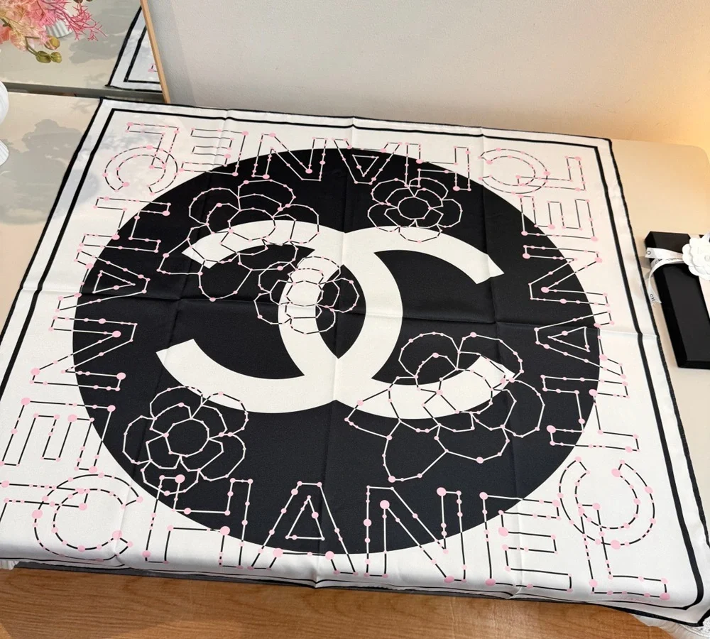 Chanel Graphic Line Silk Scarf (Black, White & Pink)